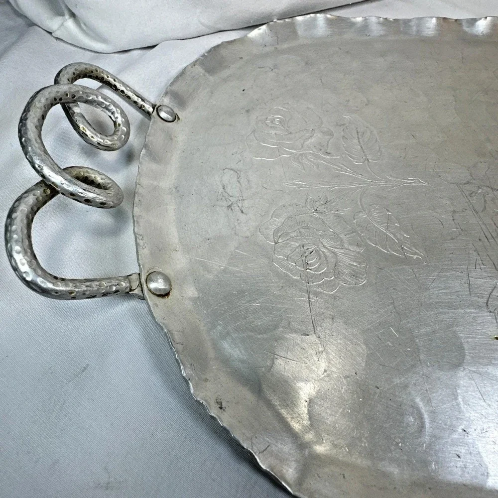 Vintage Aluminum Tray  Forged Hammered Floral Design  Serving Tray  USA
